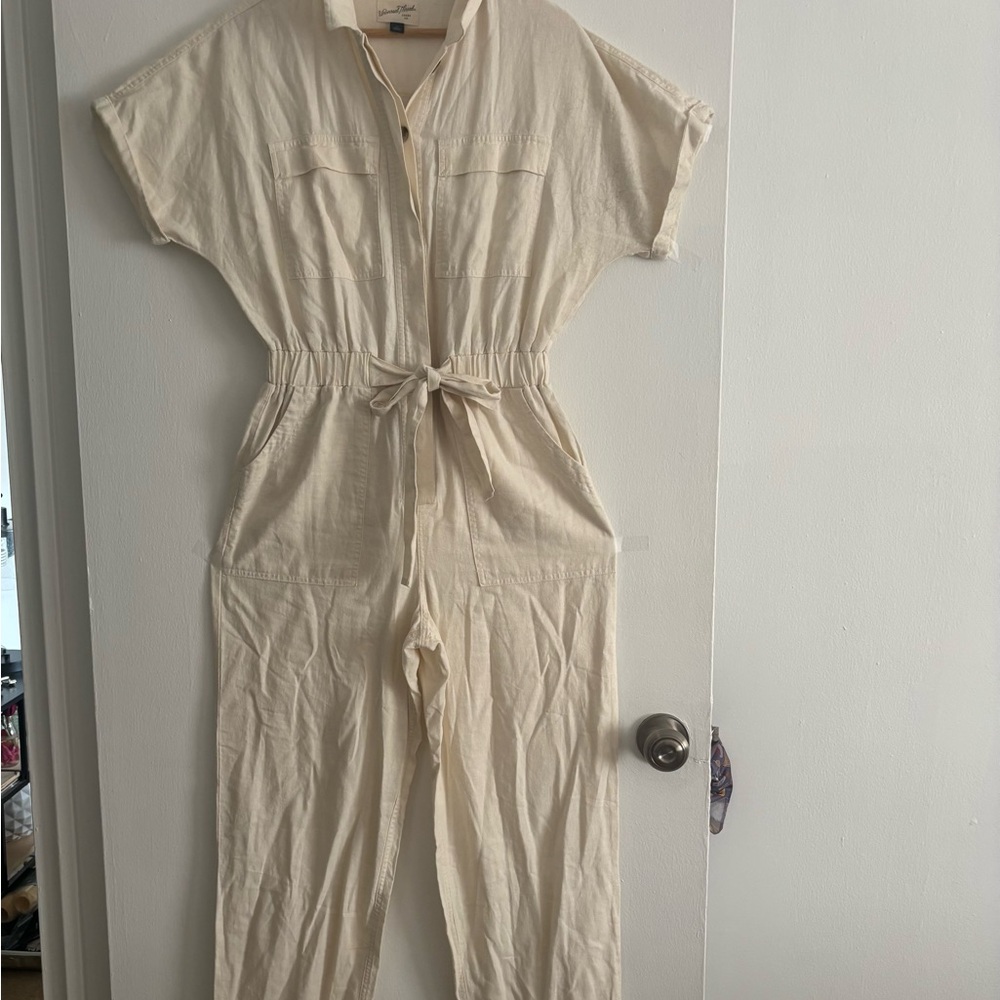 Cream Jumpsuit with Front Tie linen blend